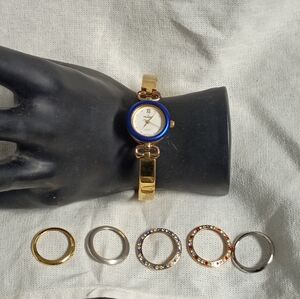 ❤️VINTAGE Ladies PEUGEOT Interchangeable 6 Bezels Gold Tone Bangle Wrist  Watch